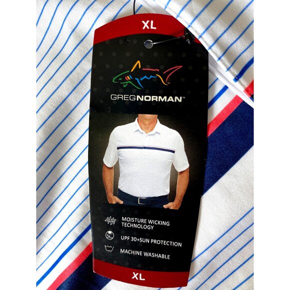 Greg Norman Mens Striped Performance Polo Shirt XL White Moisture-Wicking UPF 30 - Picture 2 of 4